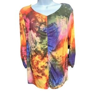 Ali Miles PM Top Orange Purple Geometric Tie Dye Sheer Lined Ruche Petite Medium